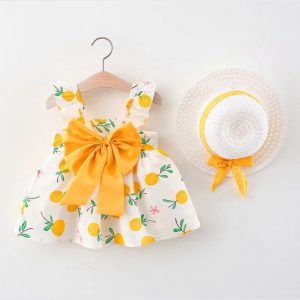 BABY’S RUFFLE STRAP BACK BOW DRESS WITH HAT